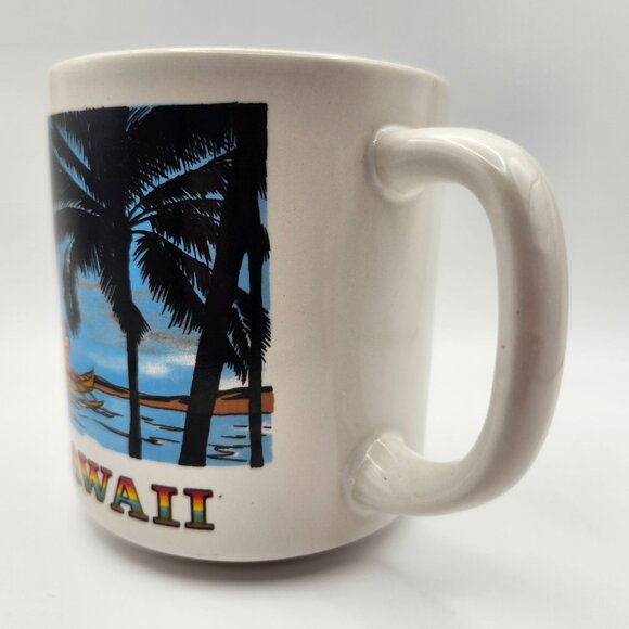Vintage 80s Sanyei Hawaii Coffee Mug Wahini Outrigger Canoe Dolphin Palm Trees - Picture 6 of 8